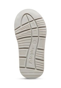 Schuhsohle aus flexiblem Gummi, mit einer strukturierten Oberfläche und Rillen, runder Form und "Falcotto"-Branding in Größe 19.