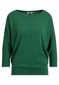 Grön stickad tröja med en lös, vid passform, båtformad halsringning och 3/4-ärmar. Har en texturerad tyg och ribbat avslut.