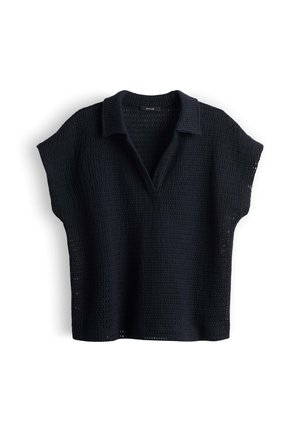 Black short-sleeve knitted top with open collar and textured waffle pattern, loose fit, made by Opus.