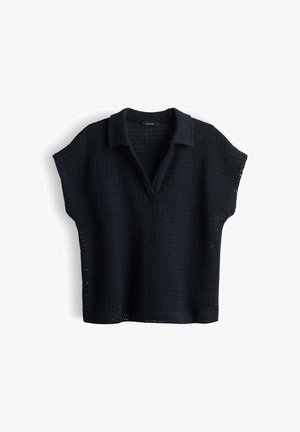 Black short-sleeve knitted top with open collar and textured waffle pattern, loose fit, made by Opus.