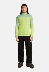 Man met lang zwart haar, gekleed in een groene zip-up jas, zwarte broek en zwarte skikoffers, staande tegen een witte achtergrond.