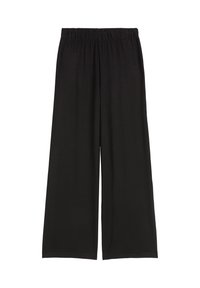 Pantalons larges noirs avec une taille élastique. Fabriqués en tissu doux, avec une texture lisse et sans motifs visibles ni quincaillerie.