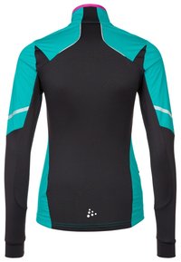 Camisa deportiva de manga larga con un cuerpo negro y mangas turquesas, tira reflectante, cuello alto y un pequeño logotipo en la base.