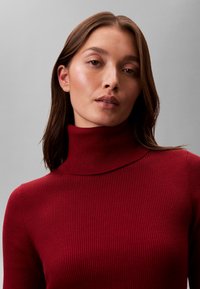 Jeune femme aux cheveux bruns et raides portant un pull à col roulé côtelé rouge sur un fond gris uni.