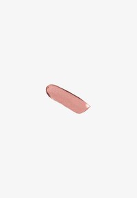 Una passata di rossetto metallico color oro rosa con una consistenza liscia, forma allungata e finitura lucida su uno sfondo bianco.