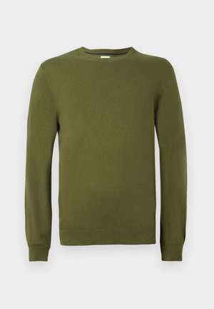 Olive green knit sweater, round neckline, long sleeves, ribbed cuffs and hem, smooth texture, lightweight material, casual design.