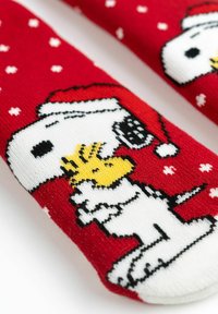 Calze rosse con pois bianchi presentano un cane da cartone animato in bianco e nero che indossa un cappello di Babbo Natale, mentre tiene un uccellino giallo. Tessuto morbidamente lavorato.