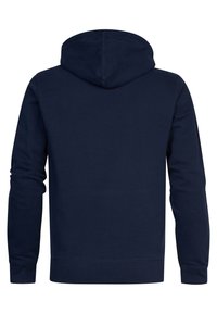 Navyblauwe sweatshirt met capuchon in zachte stof, met lange mouwen, een trekkoordcapuchon en een geribde zoom en manchetten. Eenvoudig ontwerp, zonder patronen.