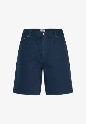 Mørkeblå shorts laget av bomullsstoff, med knappelukking i front, beltehemper og to sidelommer med subtile sømdetaljer.