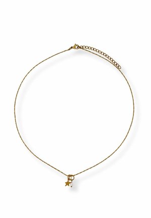 Thin gold chain necklace with small gold star and white pearl charms, lobster clasp, and adjustable extension chain.