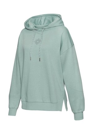 Light green hoodie made of soft fabric, featuring a drawstring hood, side slits, and a small sun graphic on the chest.