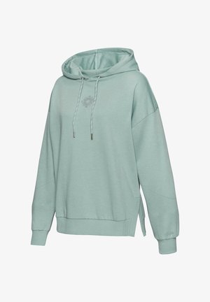 Light green hoodie made of soft fabric, featuring a drawstring hood, side slits, and a small sun graphic on the chest.