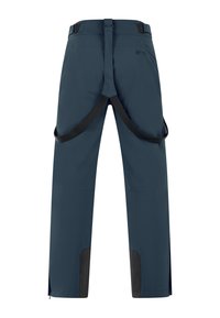 Pantalon de plein air bleu foncé avec bretelles noires intégrées, renforts noirs sur la partie intérieure des jambes basses, vu de dos.