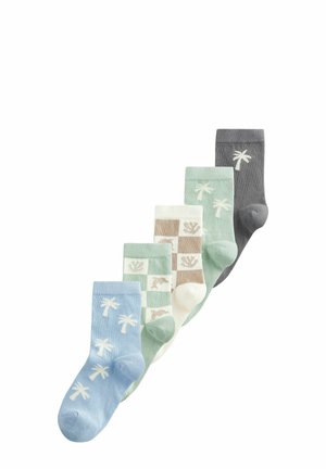 Ein Set aus fünf Baumwollsocken in Blau, Grün, Elfenbein, Braun und Grau, mit Mustern von Palmen und Tieren sowie gerippten Bündchen.