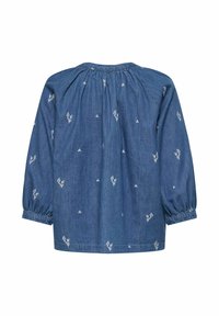 Blouse en denim bleu à manches longues avec broderie florale blanche, encolure froncée et poignets élastiques vue de dos.