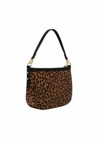 Bolso marrón con estampado de leopardo negro, correa de piel negra y detalles dorados en la cremallera y el herraje.