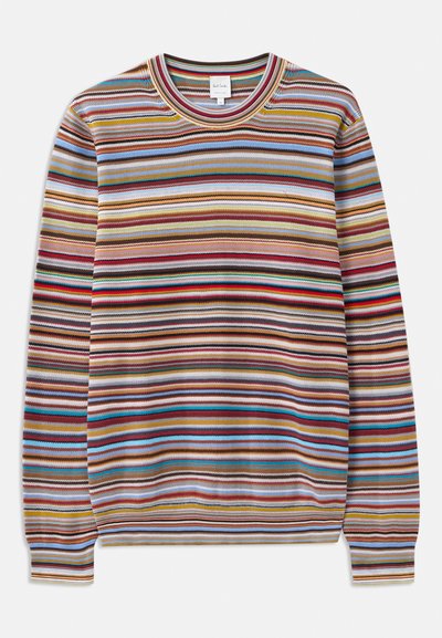 Pull rayé avec encolure ras du cou, fabriqué à partir d'un tissu texturé comportant des rayures horizontales multicolores en rouge, bleu, jaune et marron.