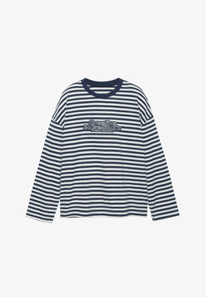 Langærmet T-shirt med striber i marineblå og hvid, med en rund halsudskæring og et trykt logo foran. Blød stofstruktur.