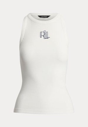Valkoinen ribbineuleinen tanktoppi, jossa on pyöreä pääntie ja vartalonmyötäinen muotoilu. Rinnassa on tummansinisellä brodeerattu "RLL"-logo.