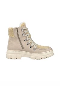 Botte d'hiver beige avec une semelle en caoutchouc épaisse, fermeture éclair latérale, lacets crème, œillets métalliques et doublure en polaire pelucheuse autour de la cheville et sur la languette.