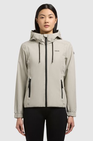 Lichtgrijze hoodie met voorrits, trekkoorden en twee met rits afsluitbare zijzakken. Elastische manchetten en minimale branding. Glad textuur.