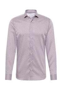 Langärmliges Button-up-Hemd in Weiß mit einem geometrischen Muster in Rot und Marineblau, ausgestattet mit einem Kentkragen und glattem Baumwollstoff.
