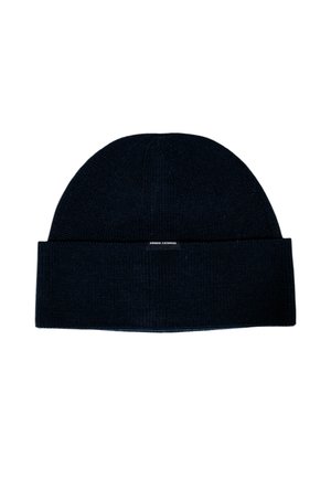Berretto in maglia di un blu navy scuro con orlo piegato e piccolo etichetta "Armani Exchange" al centro della parte anteriore.