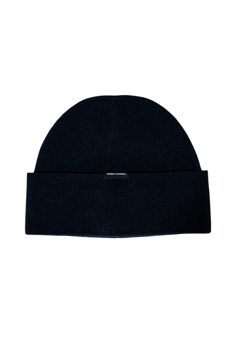 Berretto in maglia di un blu navy scuro con orlo piegato e piccolo etichetta "Armani Exchange" al centro della parte anteriore.