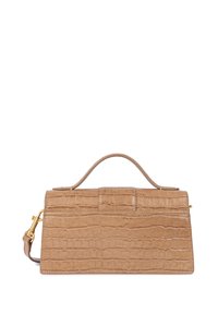 Borsa a mano in pelle stampata coccodrillo color ocra, con un design strutturato, manico piatto e tracolla rimovibile. Decorazioni in metallo dorato.