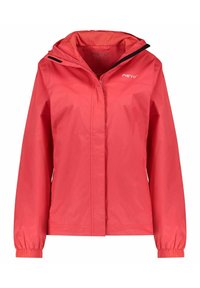 Röd vindjacka tillverkad av lätt material, med huva, elastiska ärmslut och dragkedja fram.