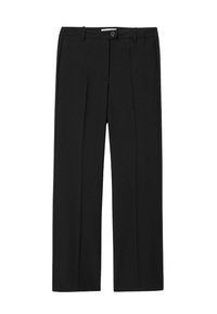 Pantalon noir à coupe droite, avec fermeture à bouton et plis. Fabriqué dans un tissu lisse sans motifs ni accents visibles.