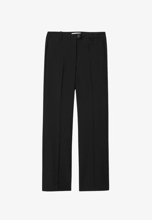 Pantalon noir à coupe droite, avec fermeture à bouton et plis. Fabriqué dans un tissu lisse sans motifs ni accents visibles.