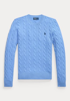 Hele sinine soonik-sweater ümmarguse kaelusega ja soonikute äärega, millel on rinnal väike tikandiga logo.