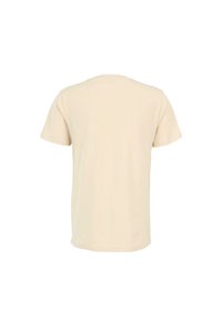 Beige short-sleeve t-shirt with a round neckline and a smooth, cotton-like texture. Simple design, no visible patterns or accents.