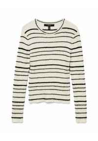 Maglione a righe con scollo rotondo, realizzato in tessuto morbido. Presenta righe orizzontali alternante nere e bianche e maniche lunghe.