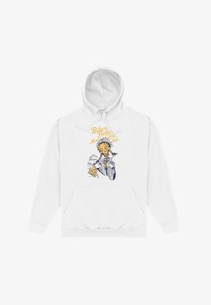 Biała hoodie z przednią kieszenią typu kangur. Zawiera grafikę postaci na motocyklu z psem oraz tekstem "Motocyklowy Klub Biker Betty".
