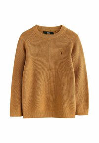 Senapsgul stickad tröja med rund halsringning, ribbade ärmslut och nederkant. Har en liten, broderad logga på bröstet.