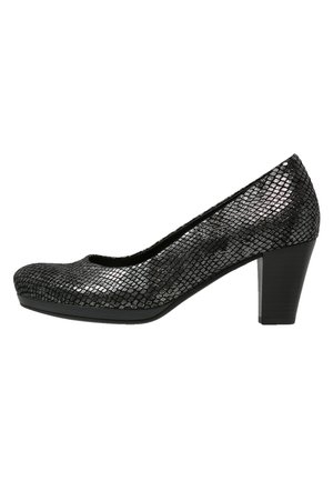 Black synthetic high-heel shoe featuring a textured scale pattern, rounded toe, and thick block heel for added stability.