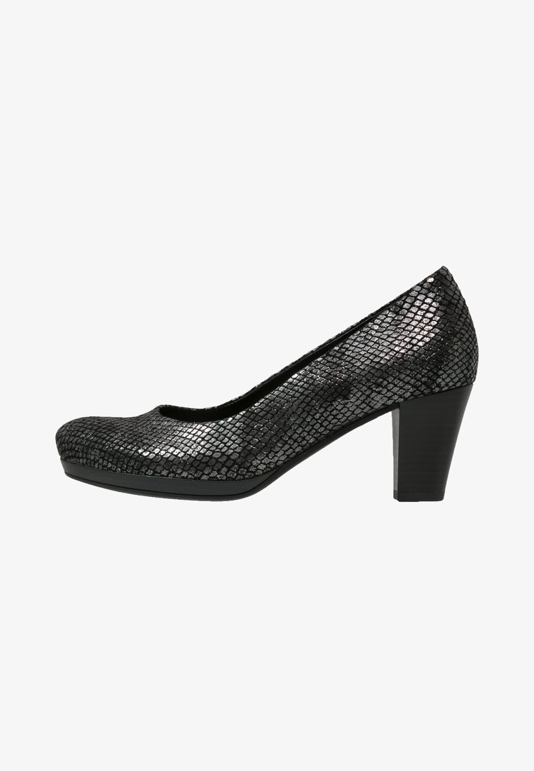 Chaussure à talon haut synthétique noire avec un motif texturé à écailles, un bout arrondi et un talon bloc épais pour une stabilité accrue.