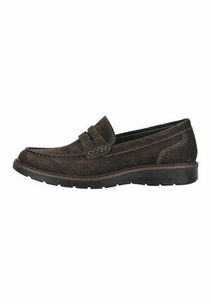 Dunkelbrauner Veloursleder-Pennyloafer mit genähten Details und schwarzer Gummisohle.