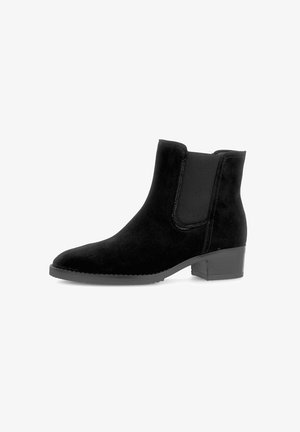 Black suede ankle boot with elastic side panels and a low block heel. Features a pointed toe and a textured surface for added detail.