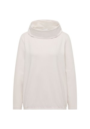 Sweatshirt beige clair avec col cheminée, manches longues et coupe légèrement ample. Texture douce et détail d'ourlet élastiqué.