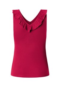 Εφαρμοστή φούξια αμάνικη μπλούζα με V-λαιμόκοψη, που διαθέτει πινελιές με βολάν γύρω από τη λαιμόκοψη. Κατασκευασμένη από ριμπ, ελαστικό ύφασμα.