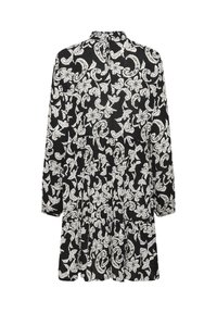 Must kleit pikkade varrukate ja nööpidega kraega. Omab valget lillelist paisley mustrit ja astmelist disaini. Kerge, tekstuuriga kangas.