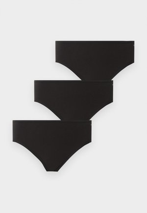 Három fekete, varrás nélküli alsónemű átlósan egymásra helyezve, fehér háttéren, elölről és oldalról látható.