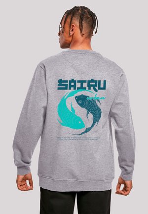 Gray sweatshirt featuring a graphic design of two fish in a circular motion, with turquoise and black colors. Text elements below the graphic.