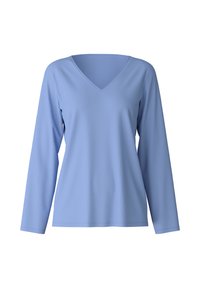 Lichtblauwe langemouwen top met een V-hals ontwerp. Gemaakt van gladde, lichte stof met minimale naden en een relaxte pasvorm.