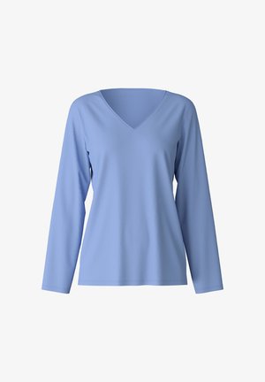 Helles blaues Langarmoberteil mit V-Ausschnitt. Hergestellt aus glattem, leichtem Stoff mit minimalen Nähten und komfortablem Schnitt.