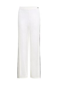 White textured pants with a loose fit, featuring a grid pattern and black side stripes. Elastic waistband for comfort.