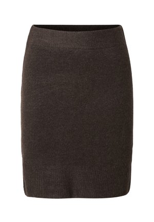 Mørkegrå, ribstrikket nederdel med tætsiddende silhuet og bred elastisk talje. Blød tekstur, glat finish, knælængde design.